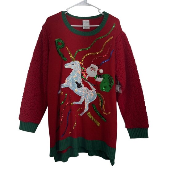 Jane Street Womens SZ 1X Christmas Unicorn Sweater Red Green Sequined Knit - Picture 8 of 8